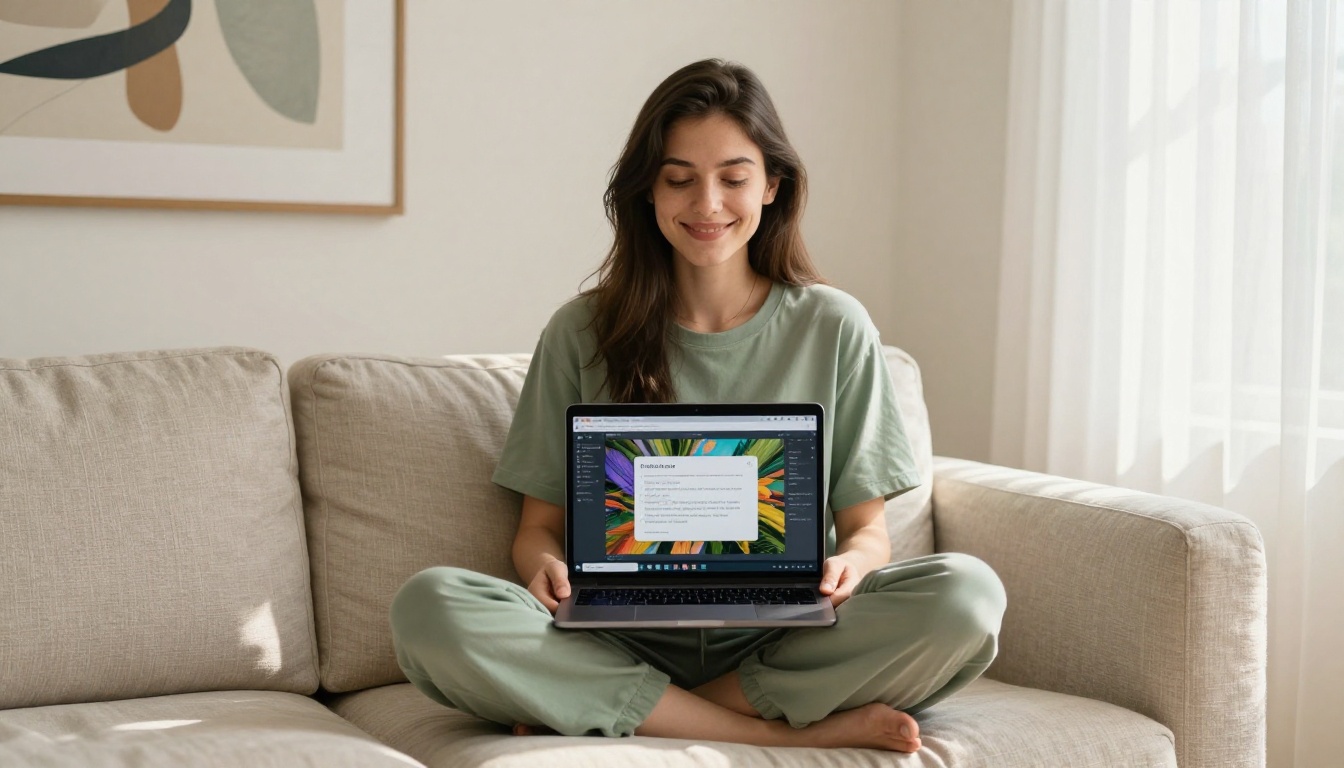 Young woman on linen sofa using laptop with AI image generation interface