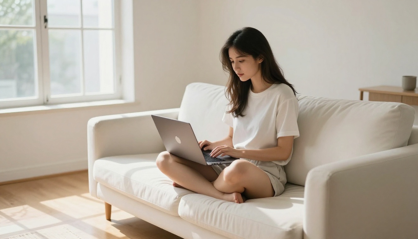 Young woman using laptop with AI video platform on a bright apartment couch Young woman using laptop with AI video platform on a bright apartment couch
