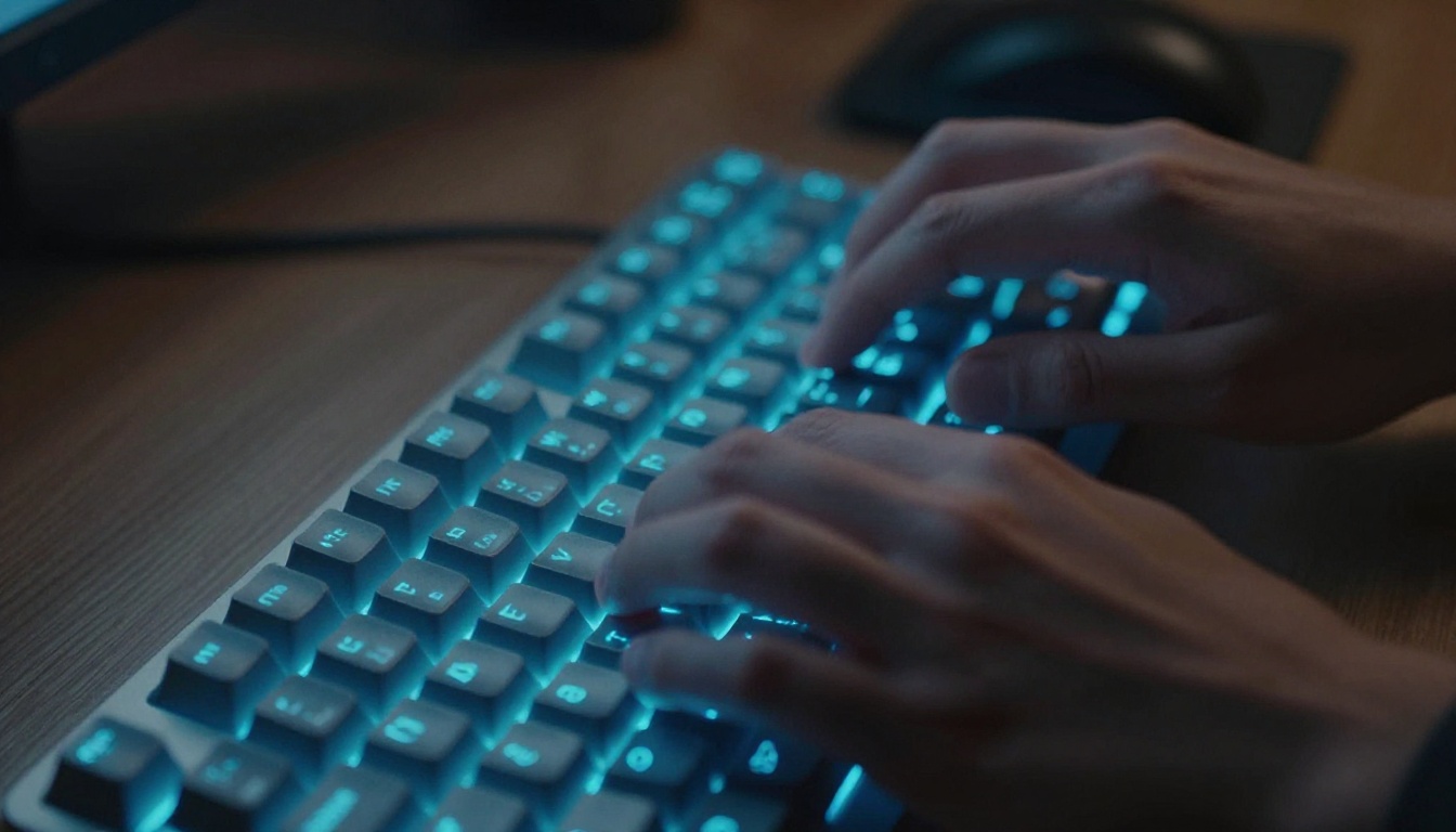 Hands typing on a mechanical keyboard lit by blue monitor glow at night Hands typing on a mechanical keyboard lit by blue monitor glow at night