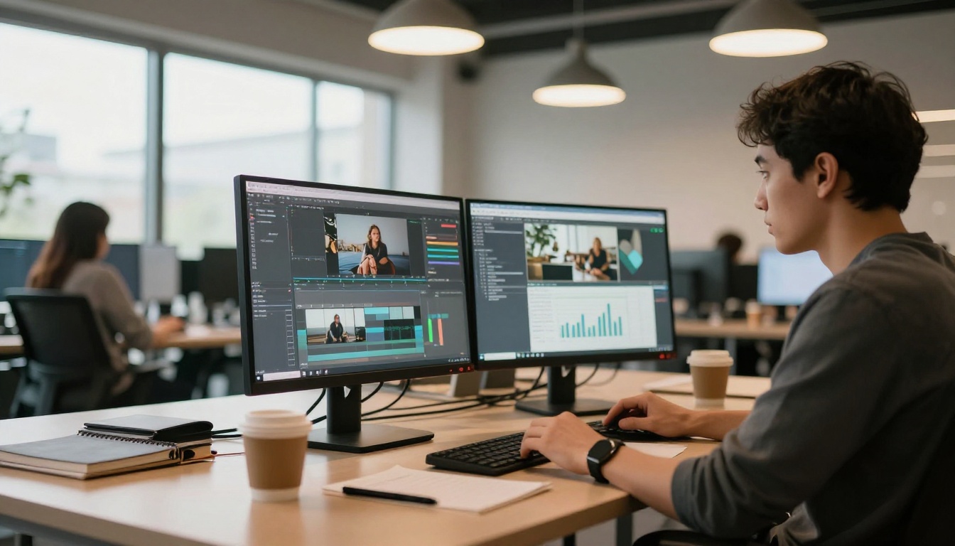 Creative professional reviewing video timelines on dual monitors in a modern office Creative professional reviewing video timelines on dual monitors in a modern office