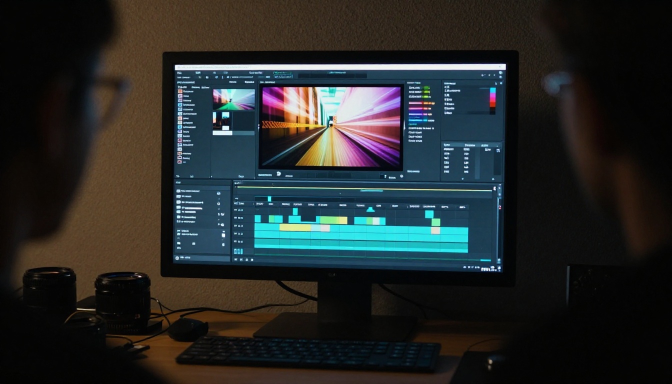 Monitor in dark creative studio displaying colorful video editing timeline