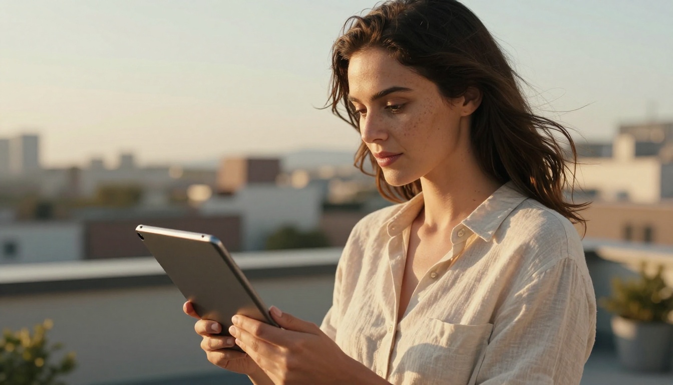 Woman on rooftop terrace watching video content on a tablet at golden hour