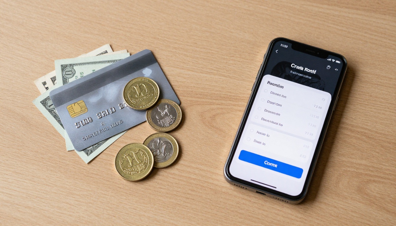Flat lay of credit card, coins, and smartphone showing pricing comparison on desk Flat lay of credit card, coins, and smartphone showing pricing comparison on desk