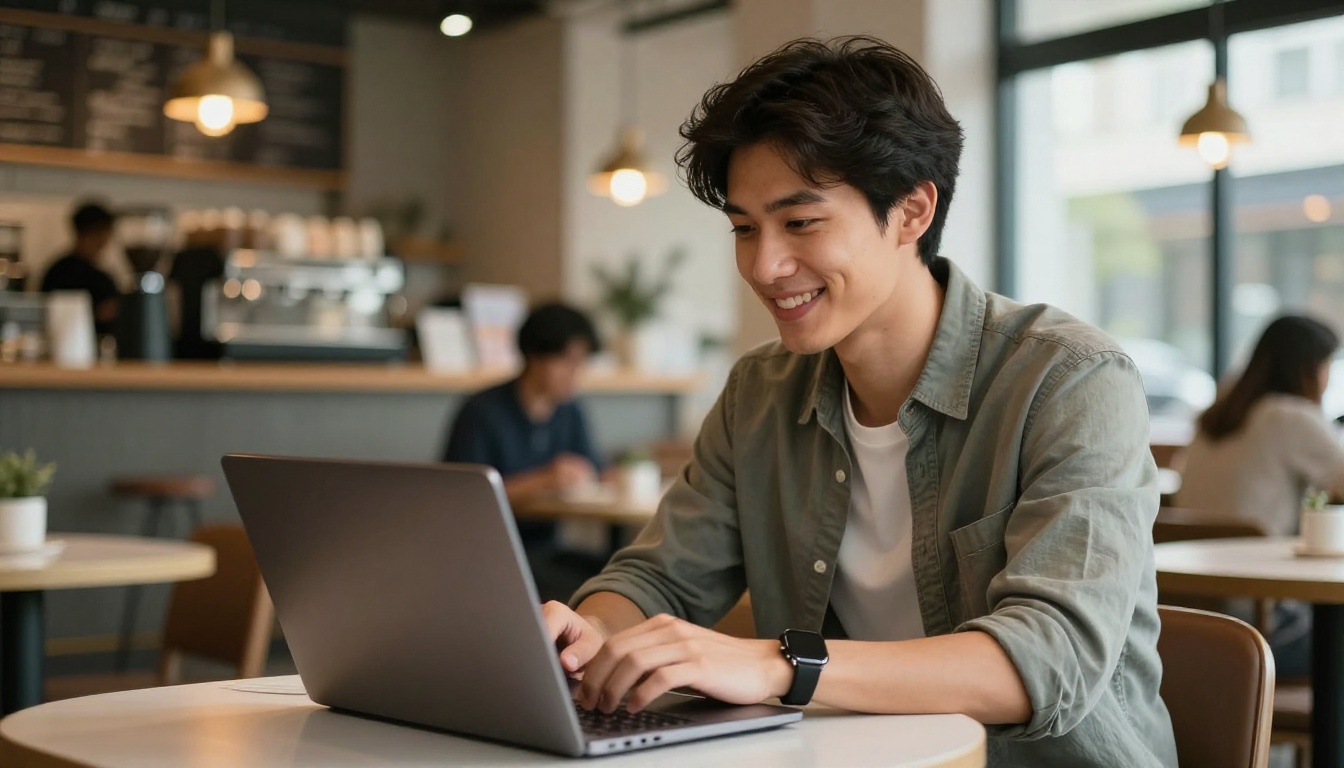 Young man at cafe smiling while watching AI video content on laptop
