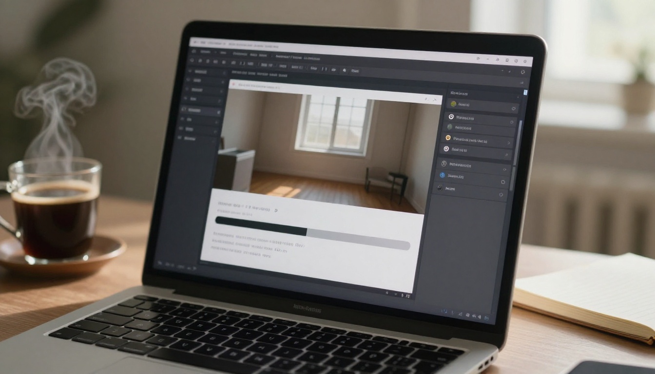 Laptop screen showing AI video generation interface with progress bar and coffee mug nearby