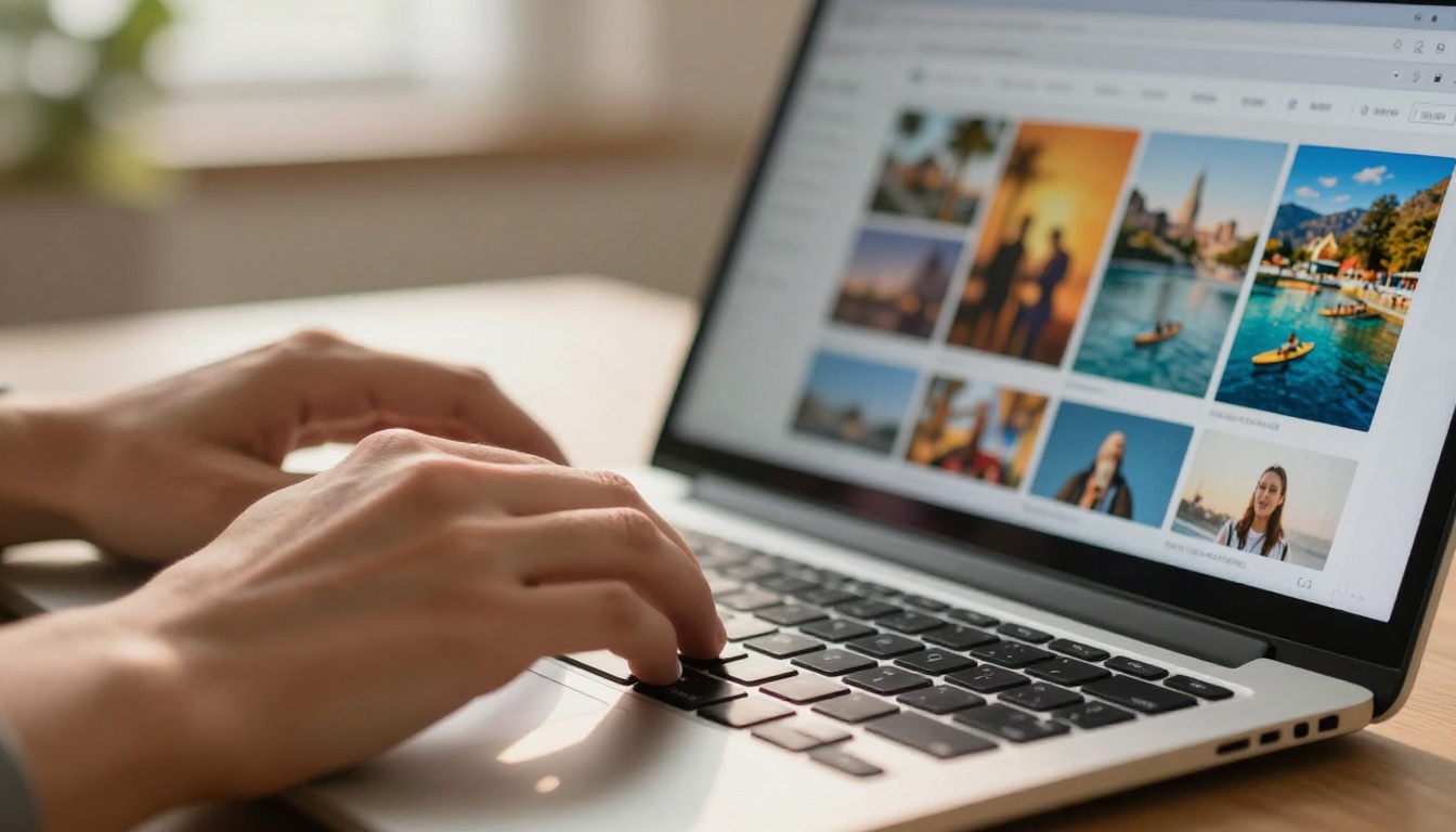 Hands typing on a laptop with an AI image search interface showing colorful photo thumbnails on screen