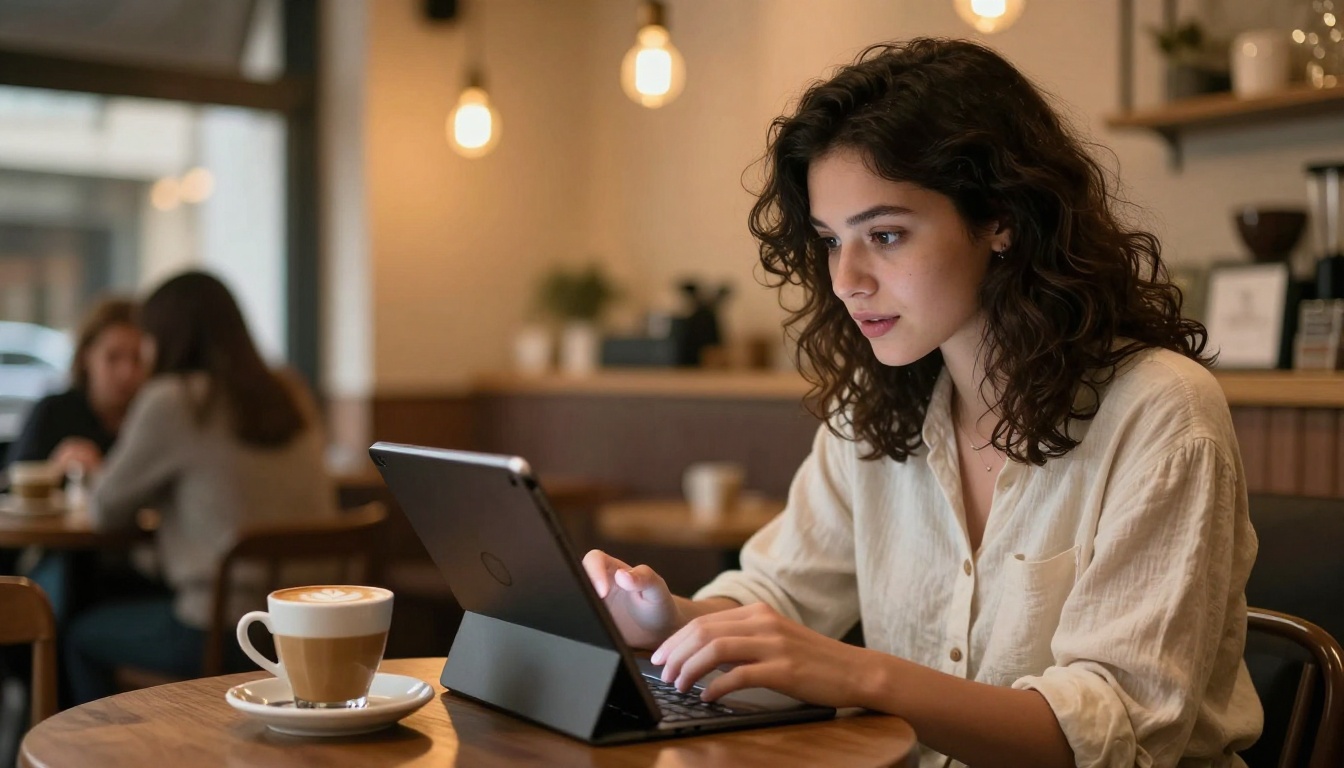 Young woman browsing AI-generated artwork on a tablet in a warm coffee shop