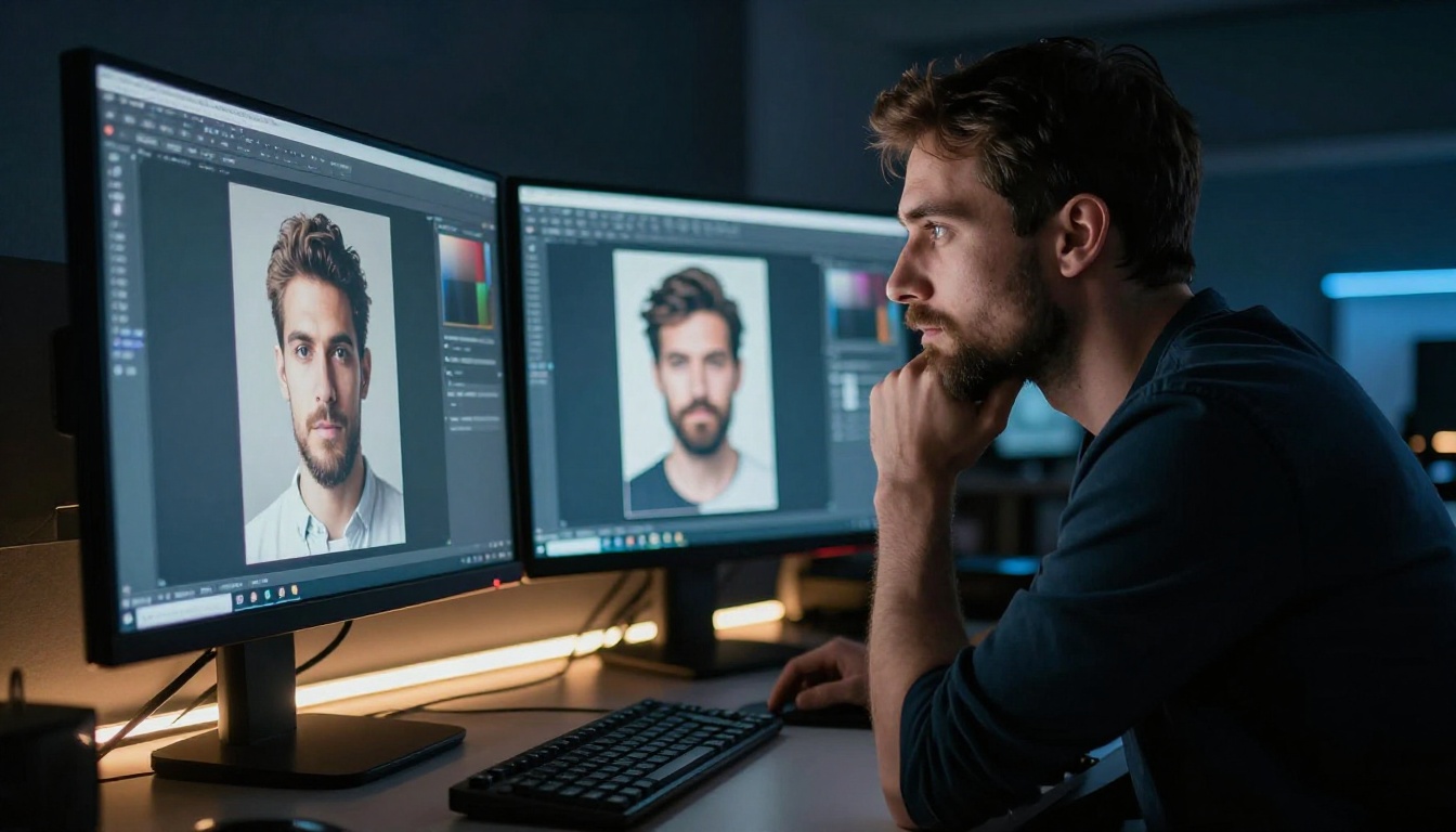 Male creative director in side profile reviewing AI-generated portrait images on dual monitors