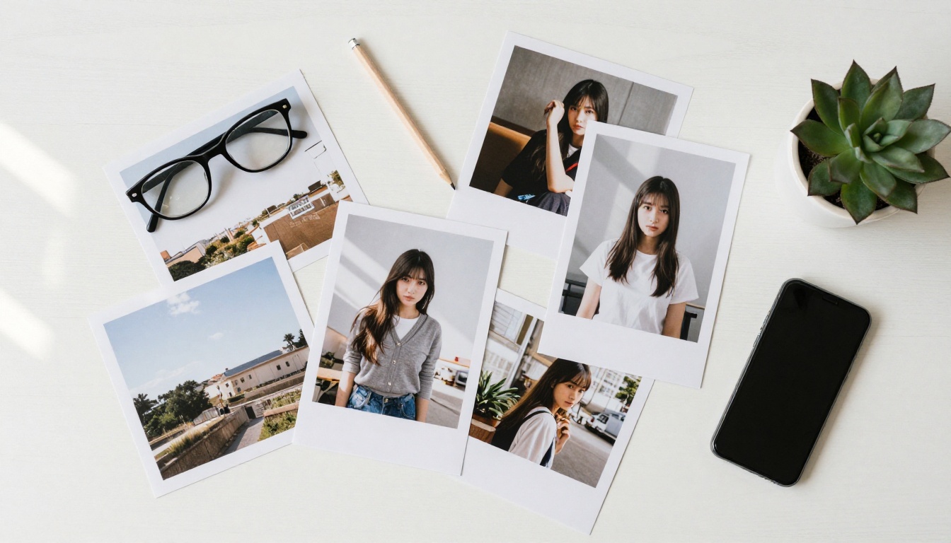 Aerial top-down flat lay of printed AI art photos scattered across a white desk