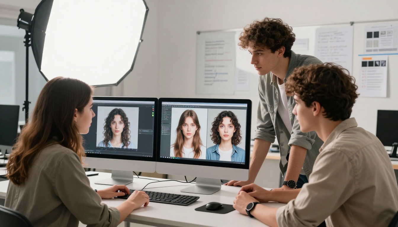 Three creative artists collaborating around a monitor reviewing AI-generated art comparisons