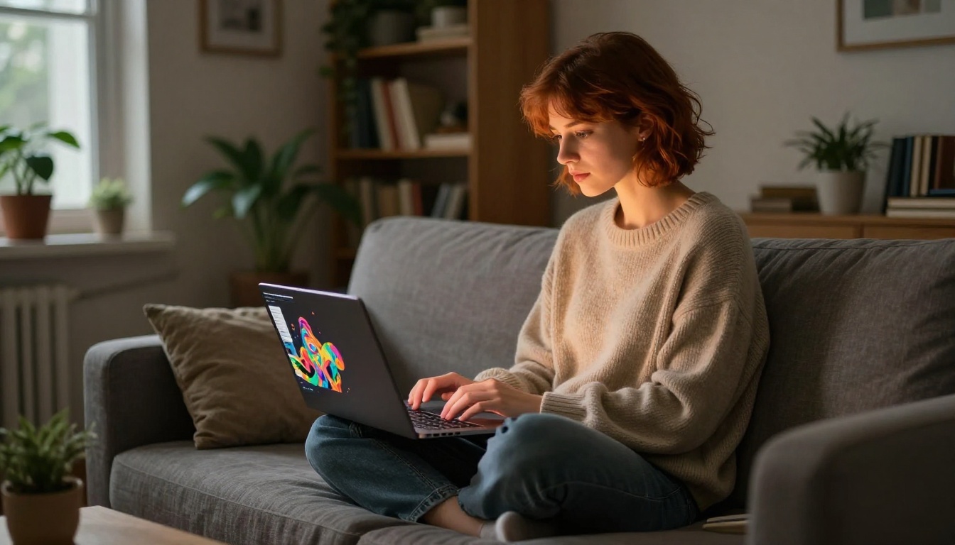 Female freelancer with laptop generating AI art in a warm home office setting