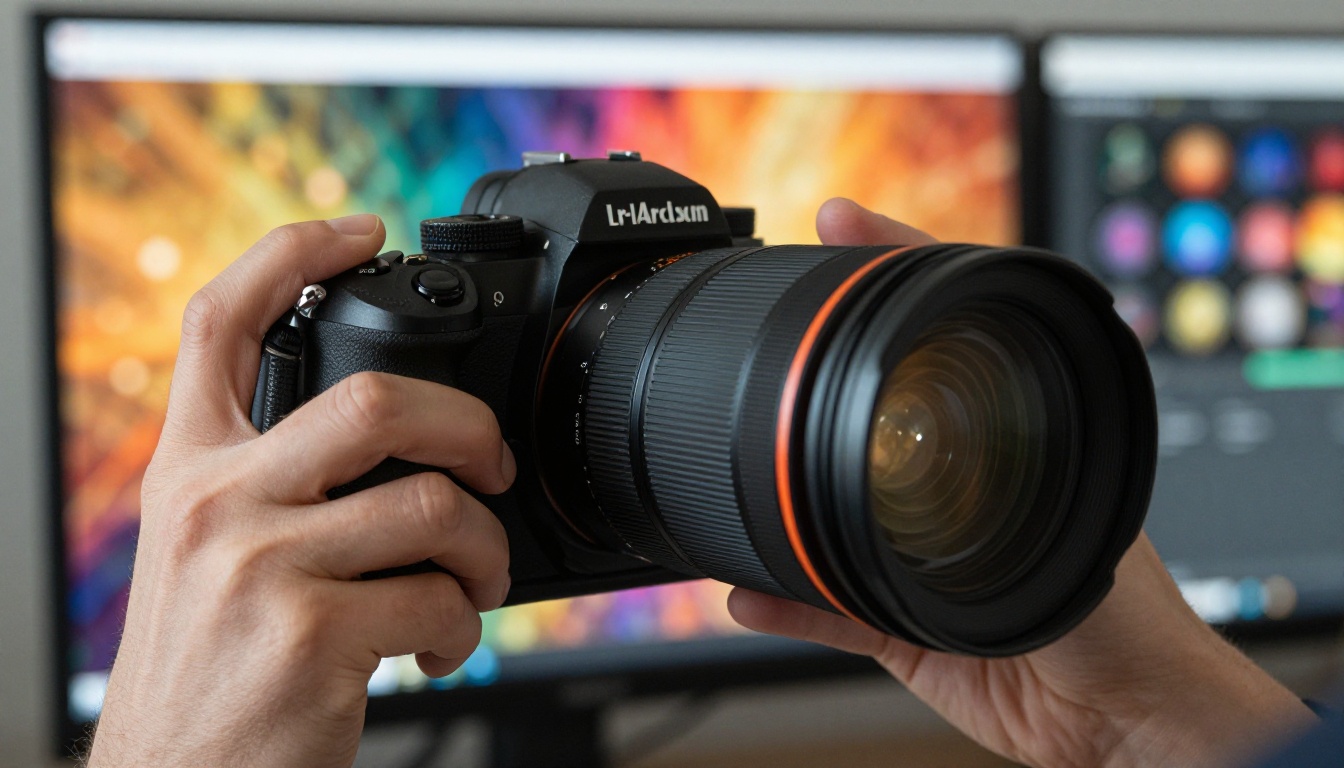 Photographer's hands holding a camera with colorful AI artwork blurred in the background
