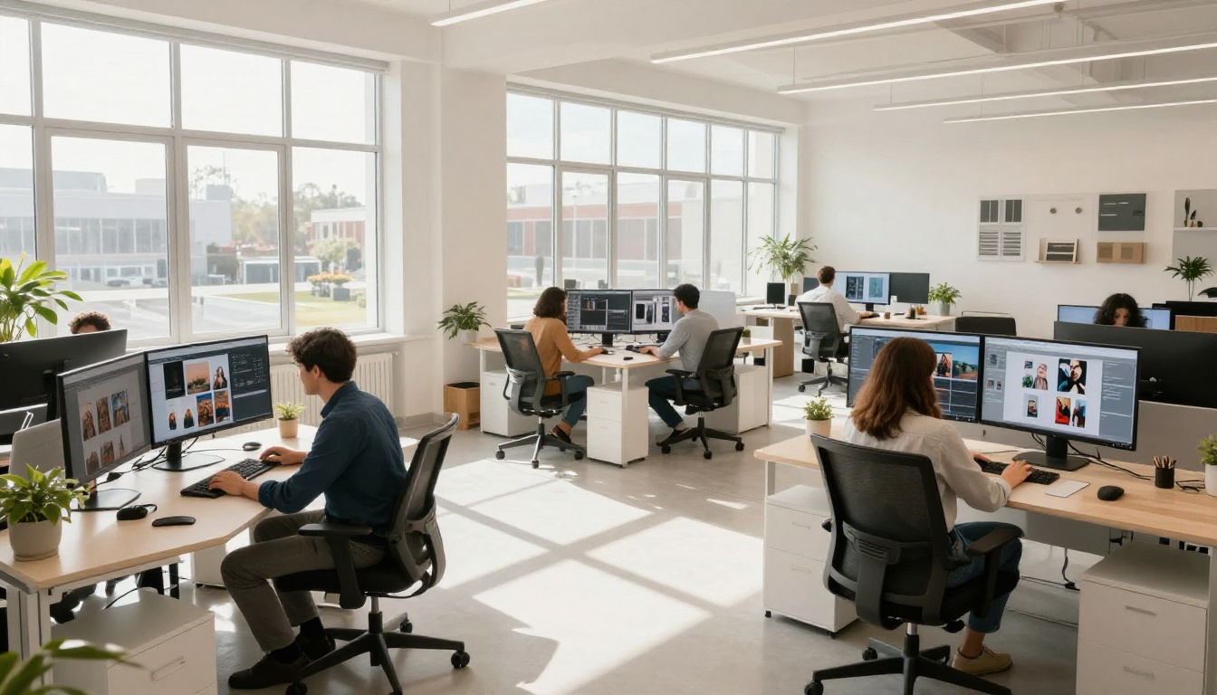Wide shot of a creative agency team browsing AI image galleries at workstations in a sunlit office