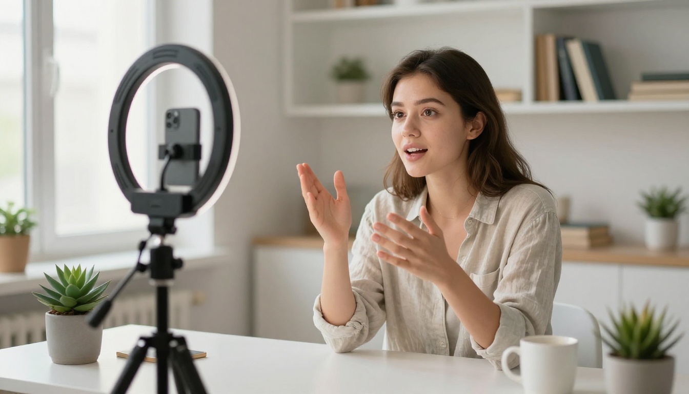 Young woman content creator recording herself at a bright Scandinavian-style home studio desk