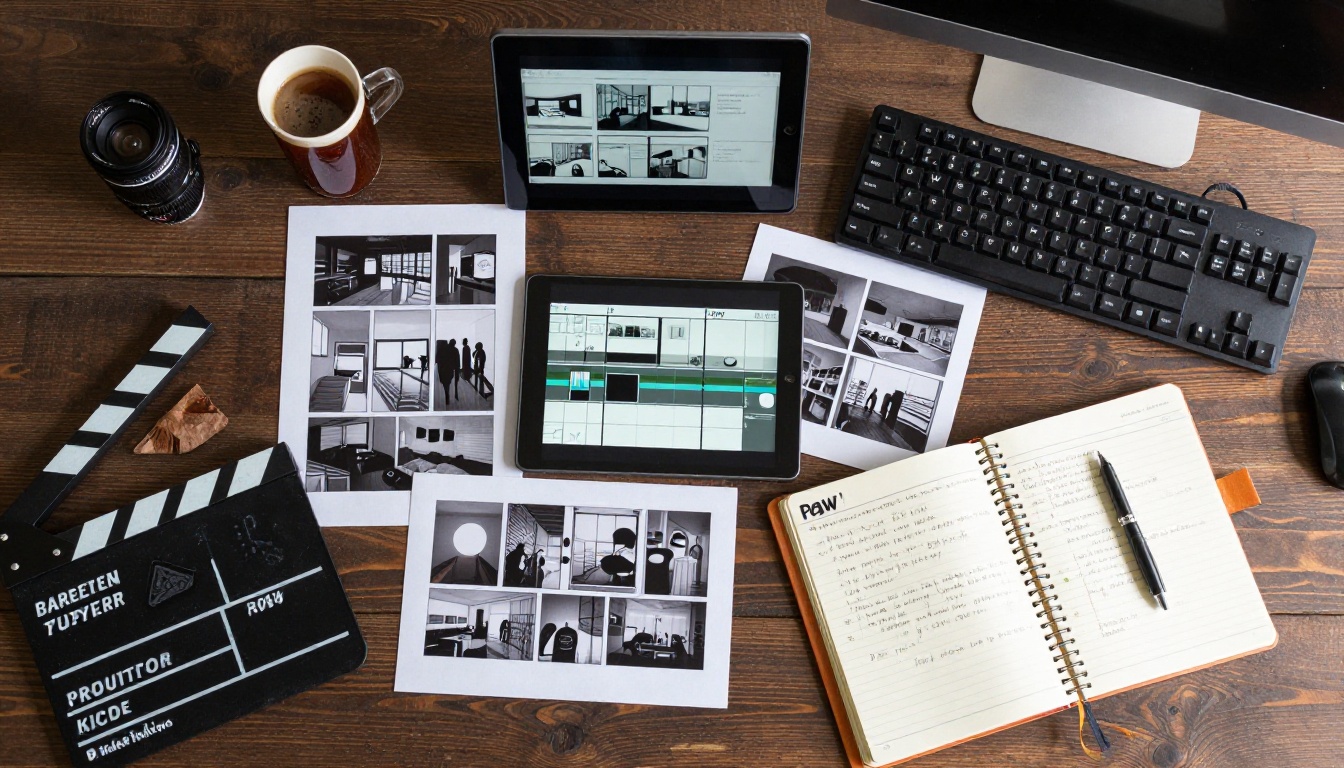 Filmmaker's creative workspace flat-lay with storyboards, clapperboard, tablet and cold brew coffee