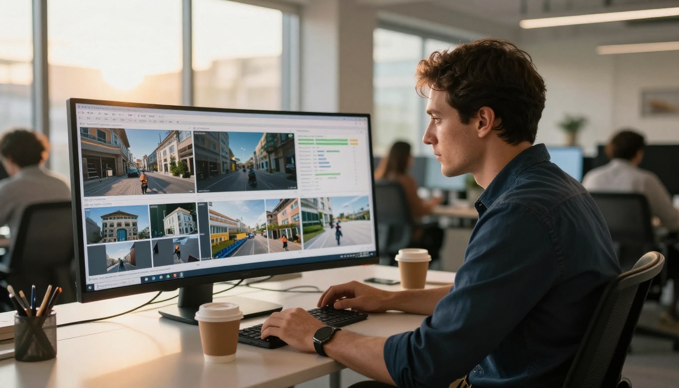 Man reviewing video analytics and thumbnails on ultrawide monitor in warm-lit creative office Man reviewing video analytics and thumbnails on ultrawide monitor in warm-lit creative office