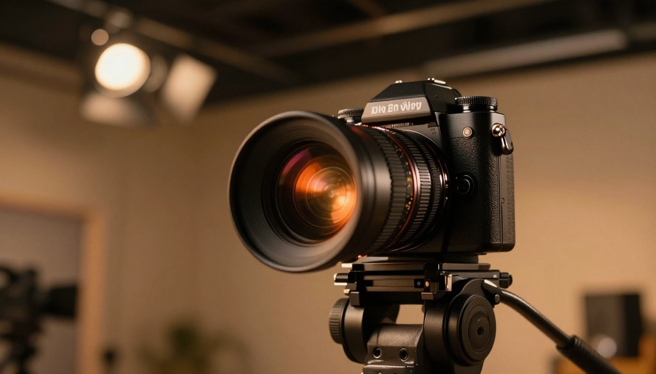 Low-angle shot of professional cinema camera with warm tungsten studio lighting creating amber bokeh Low-angle shot of professional cinema camera with warm tungsten studio lighting creating amber bokeh