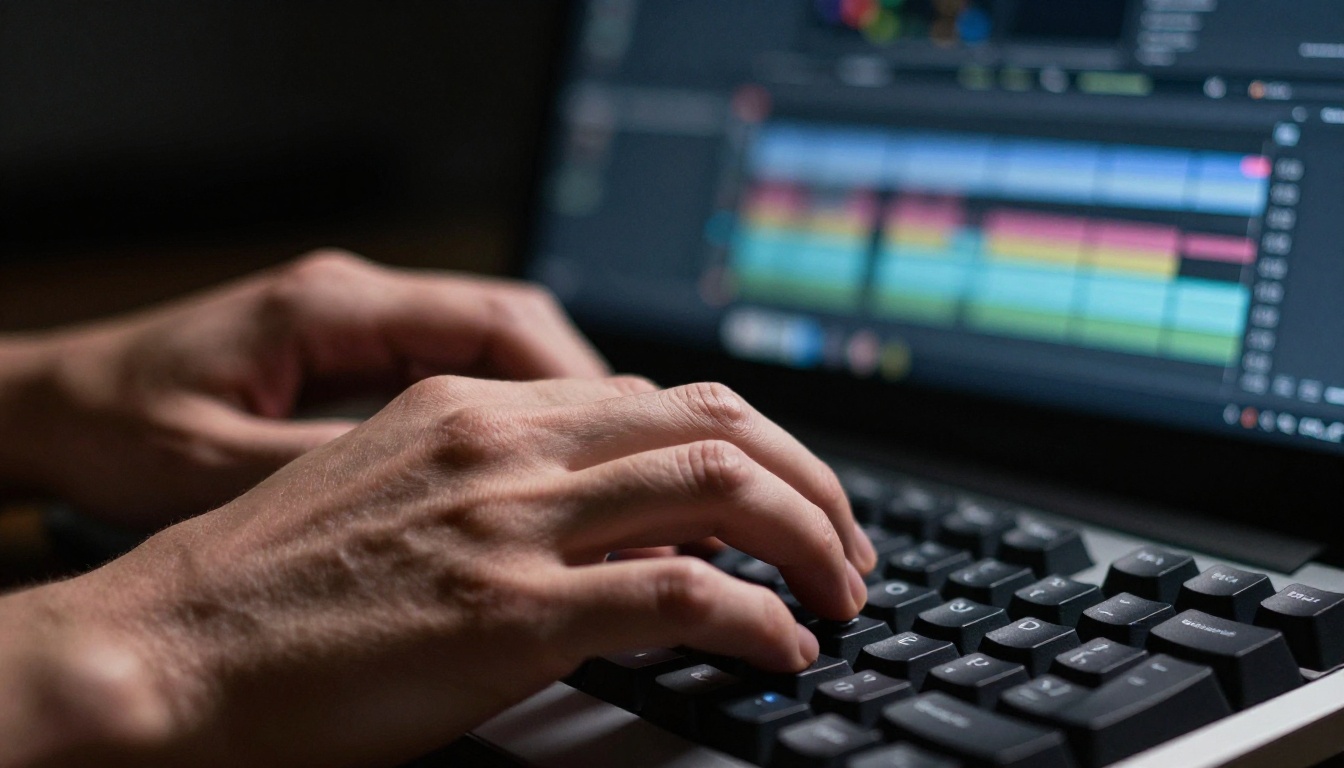 Person typing on mechanical keyboard with dark video editing software visible on background monitor
