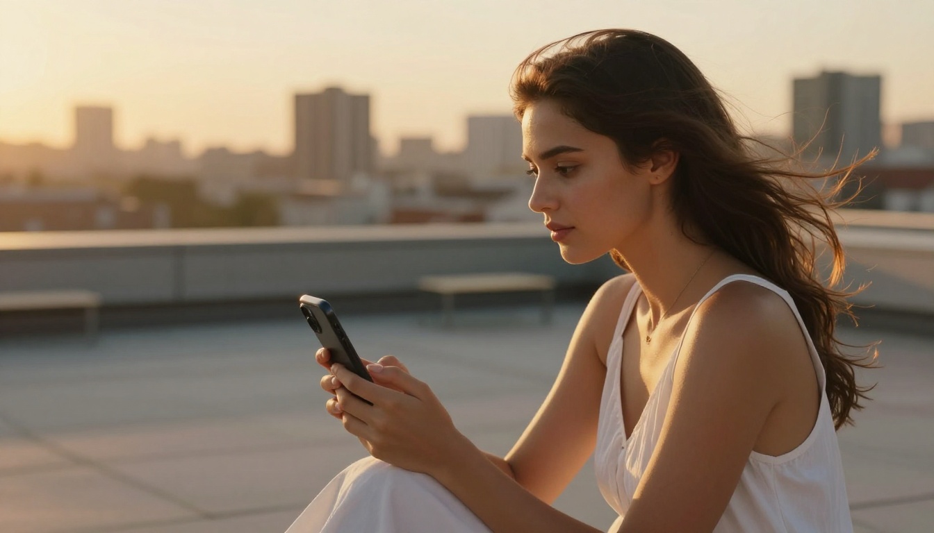 Young woman on rooftop terrace at golden hour watching AI-generated video on smartphone