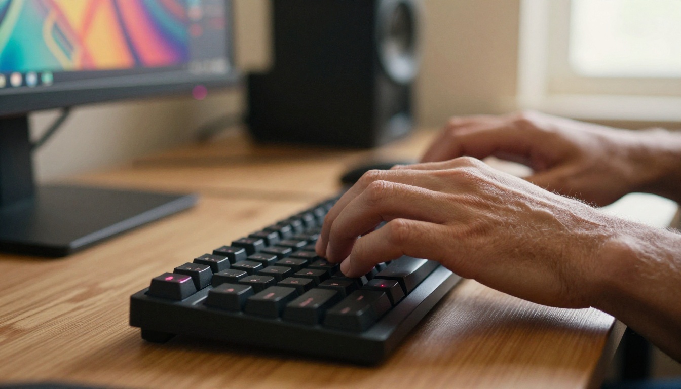 Close-up of hands typing on a keyboard with AI artwork visible on screen Close-up of hands typing on a keyboard with AI artwork visible on screen