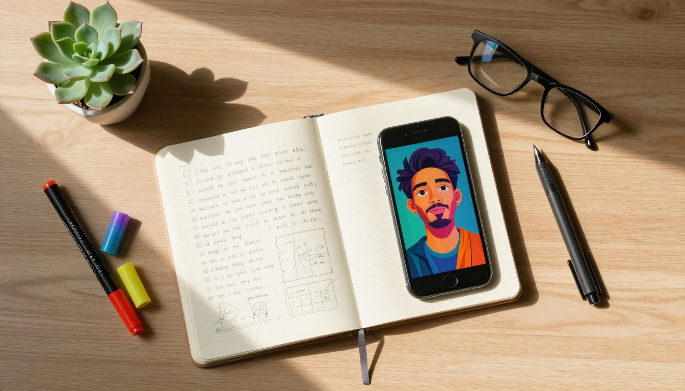 Overhead flat lay of creative workspace with smartphone showing AI art interface Overhead flat lay of creative workspace with smartphone showing AI art interface