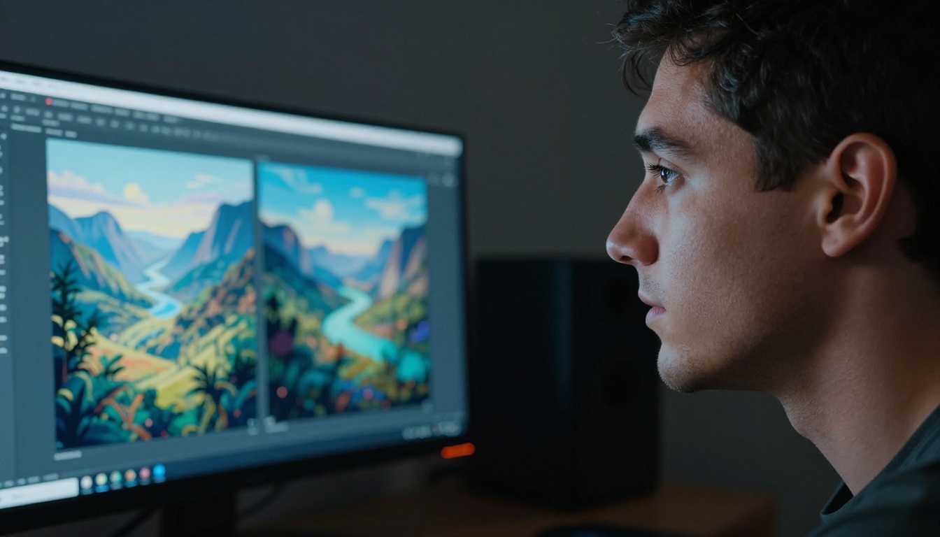 Man looking at large monitor comparing two different AI art styles Man looking at large monitor comparing two different AI art styles