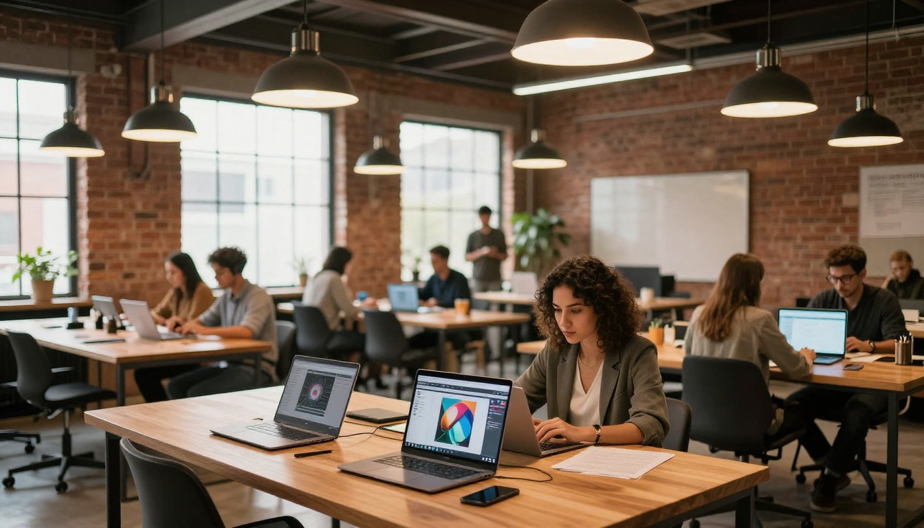 Woman in creative co-working space with laptop showing AI art generation interface Woman in creative co-working space with laptop showing AI art generation interface