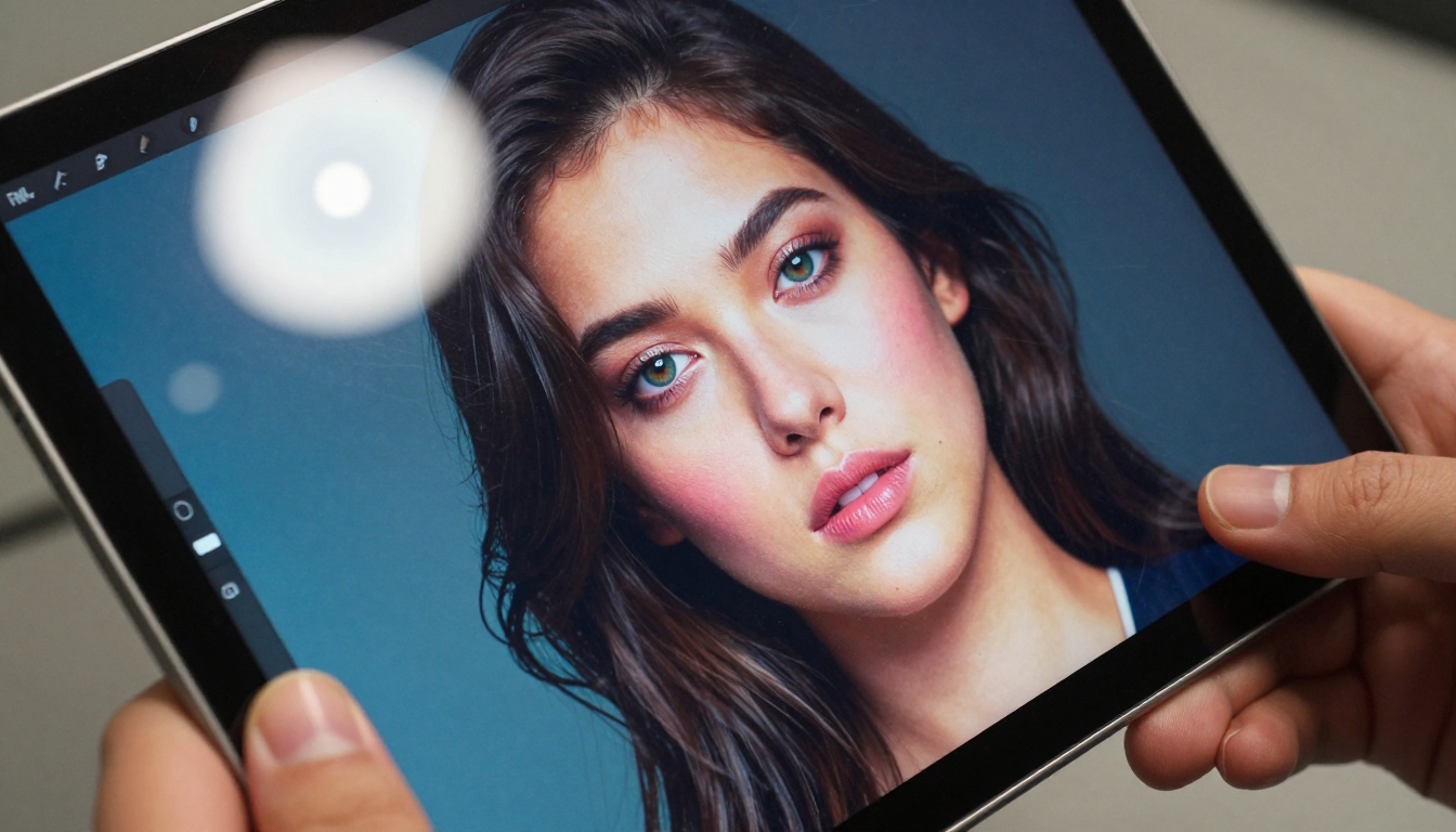 Close-up of tablet screen displaying vibrant AI-generated portrait artwork
