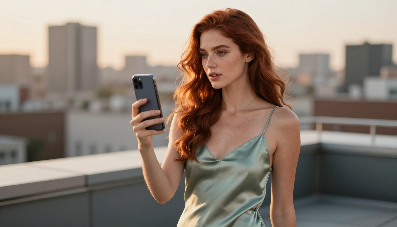 Beautiful woman on rooftop at golden hour holding smartphone showing AI-generated art