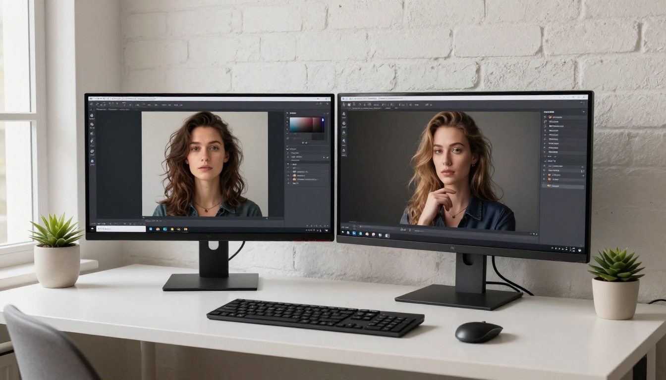 Two monitors side by side in a Scandinavian home office showing AI art generation interfaces