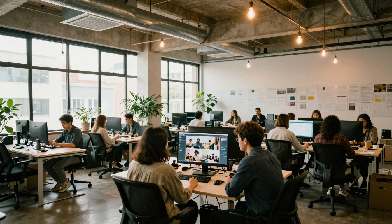 Creative agency team collaborating around commercial stock photography