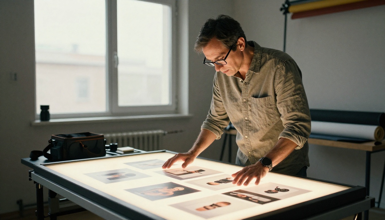 Creative professional reviewing printed commercial photographs on a light table