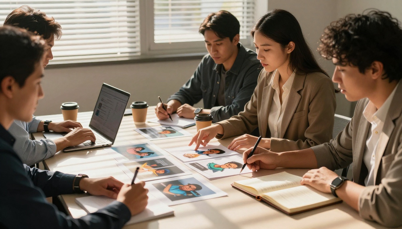Marketing team reviewing AI-generated advertising campaign materials