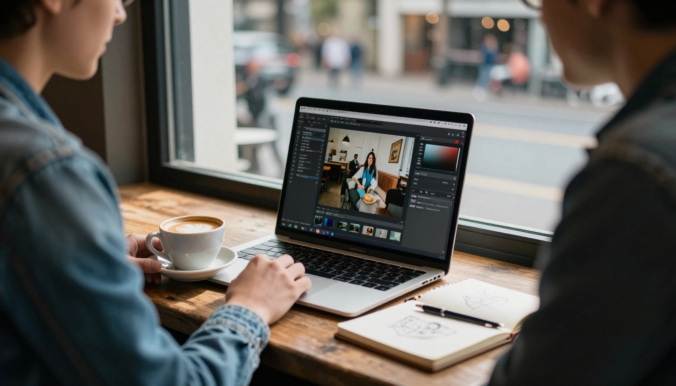 Solo freelance creative working at a café table with a laptop