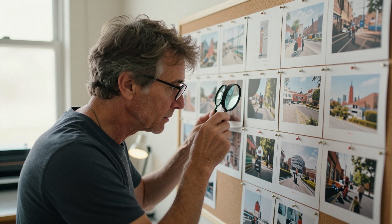 Senior art director reviewing commercial photography contact sheets
