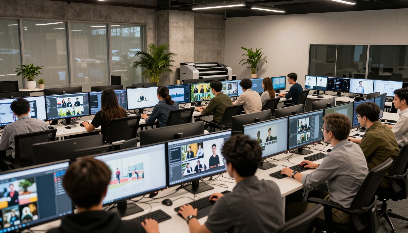 Modern digital media production studio with multiple creative workstations