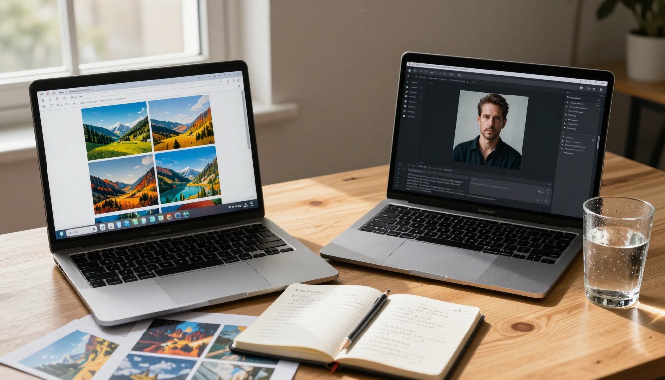 Two laptops side by side on a wooden desk showing AI image generation interfaces, aerial overhead view, warm morning light, photorealistic 8K photography