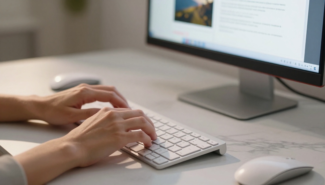 Woman typing on a white keyboard with AI interface visible on monitor in background, close-up low angle, marble desk surface, photorealistic 8K photography