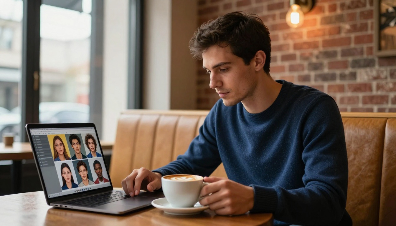 Man in coffee shop studying laptop screen with AI-generated images, warm Edison lighting, natural skin texture, photorealistic 8K lifestyle photography