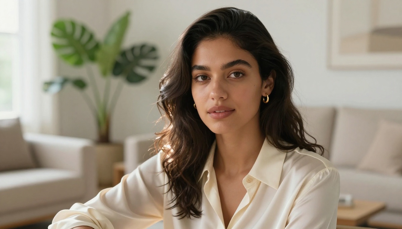 Confident young woman with warm olive skin looking at camera, cream silk blouse, natural north-facing window light, Leica portrait photography, 8K photorealistic