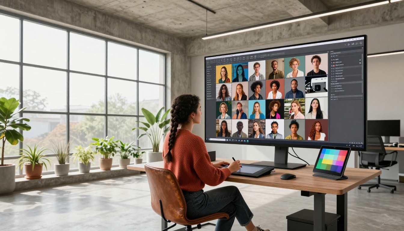 Designer at standing desk in industrial studio space, ultrawide monitor showing AI image grid, concrete ceiling, natural window light, photorealistic 8K documentary photography