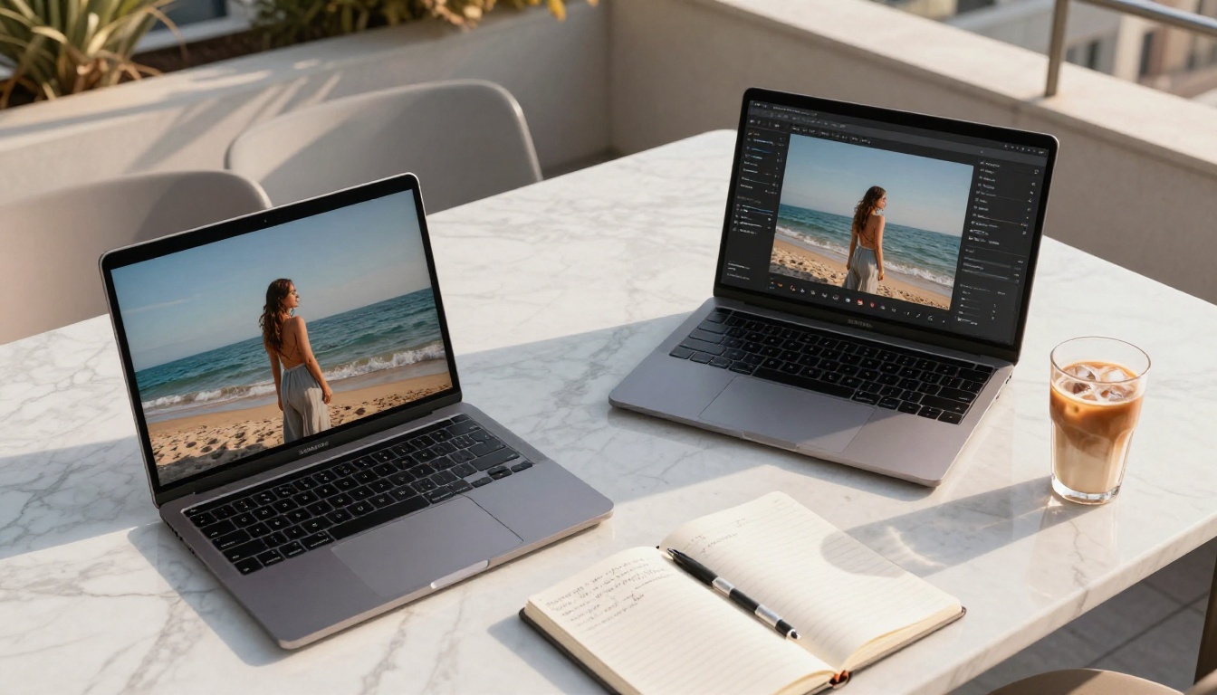 AI image generation workspace with three monitors displaying different model outputs AI image generation workspace with three monitors displaying different model outputs