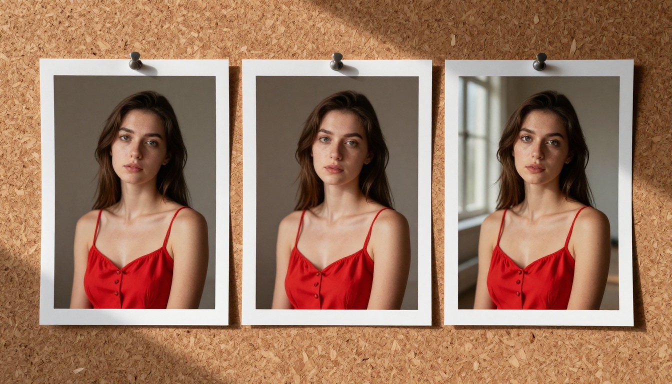 Three printed photographs pinned to a cork board showing AI quality comparison Three printed photographs pinned to a cork board showing AI quality comparison