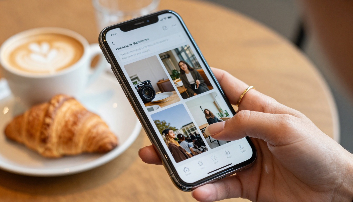 Smartphone held in hand showing AI image generation interface with grid of results, wooden cafe table, cappuccino in background, warm side light, macro photography 8K