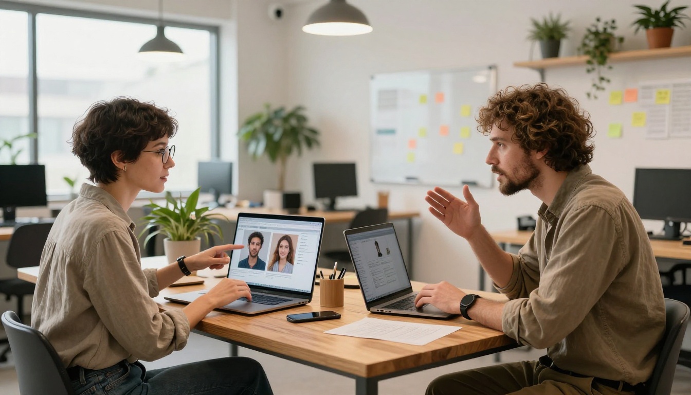 Two colleagues in co-working space comparing laptop screens, woman with pixie cut pointing at screen, man gesturing expressively, natural overcast daylight, 8K photorealistic