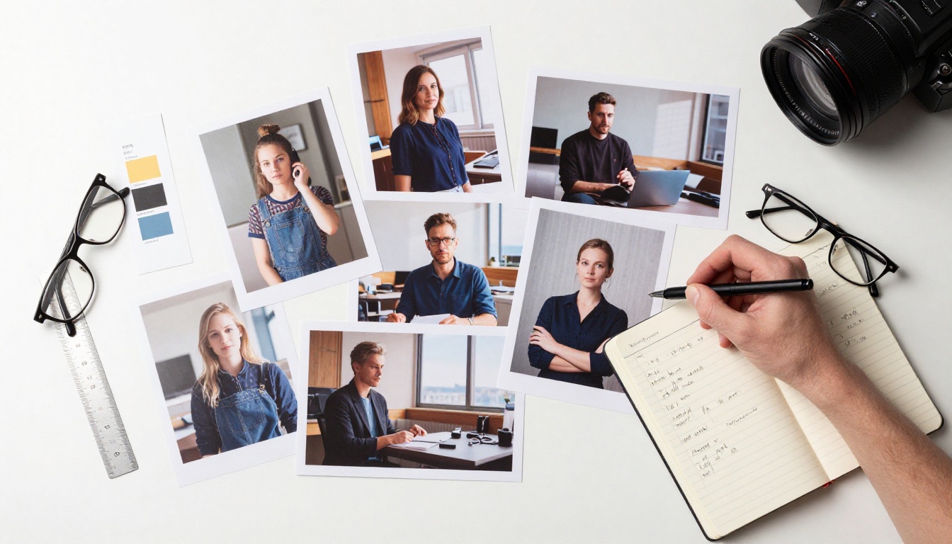 Flat lay aerial view of printed AI-generated photographs arranged on white desk with notebook and pen, studio strobe lighting from above, matte paper texture, 8K photorealistic