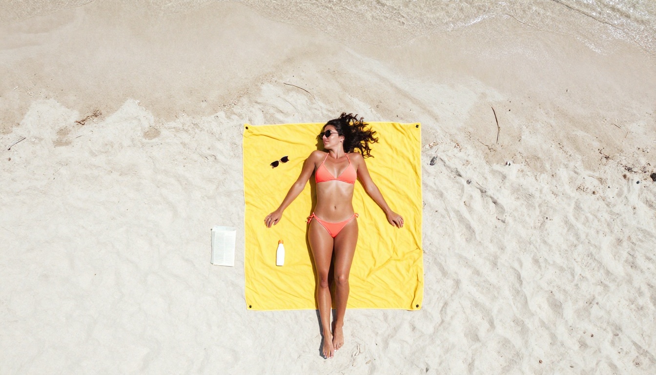 Aerial view of a woman on a yellow beach towel from overhead drone perspective