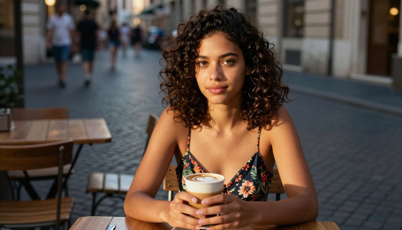 Young woman at an outdoor cafe in Rome with morning coffee Young woman at an outdoor cafe in Rome with morning coffee