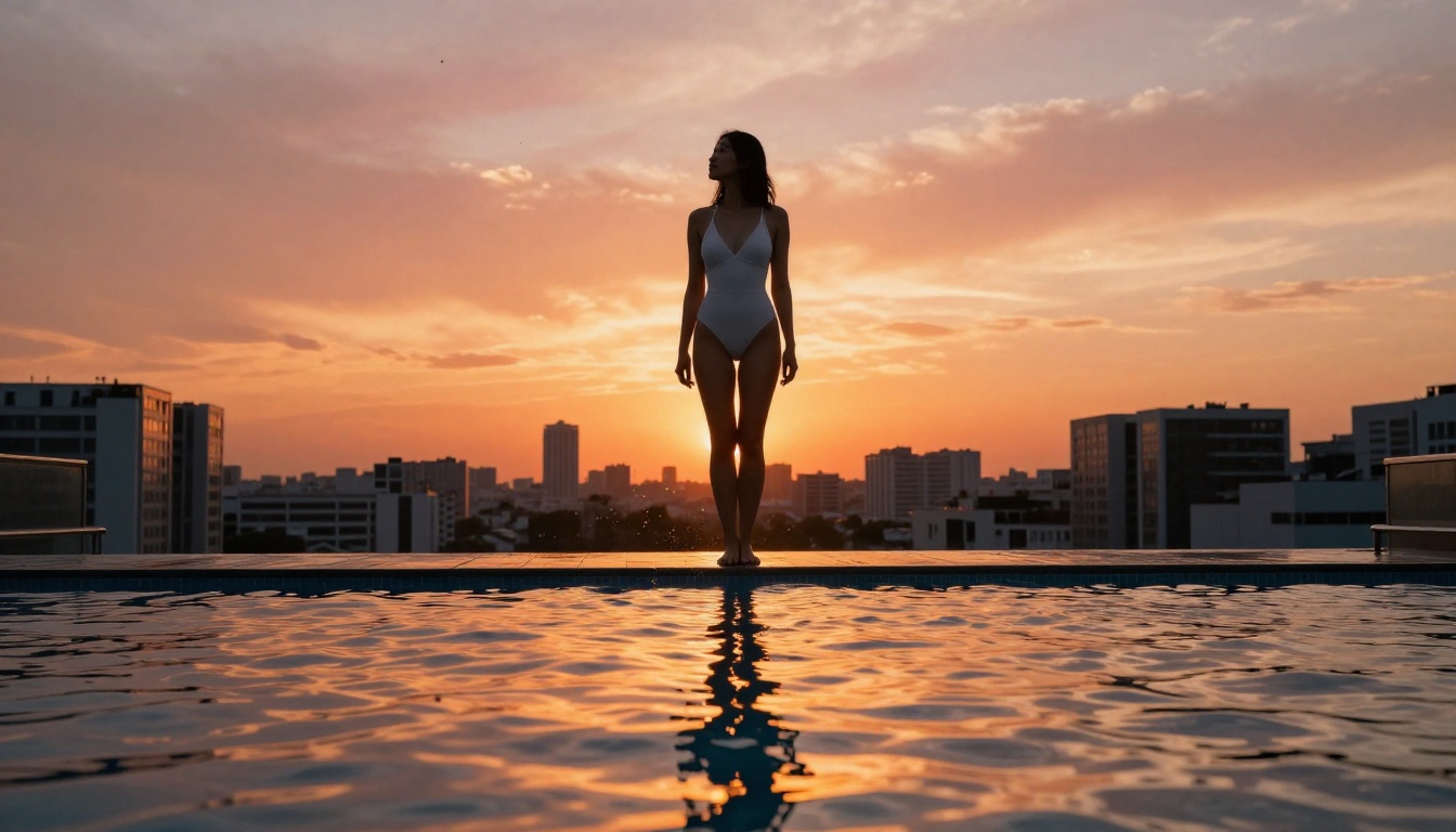 Woman silhouette at rooftop pool at sunset with city skyline behind