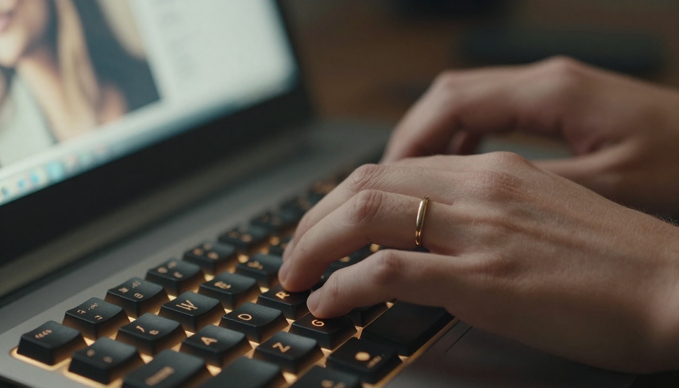 Close-up of hands typing on a mechanical keyboard with laptop screen behind Close-up of hands typing on a mechanical keyboard with laptop screen behind